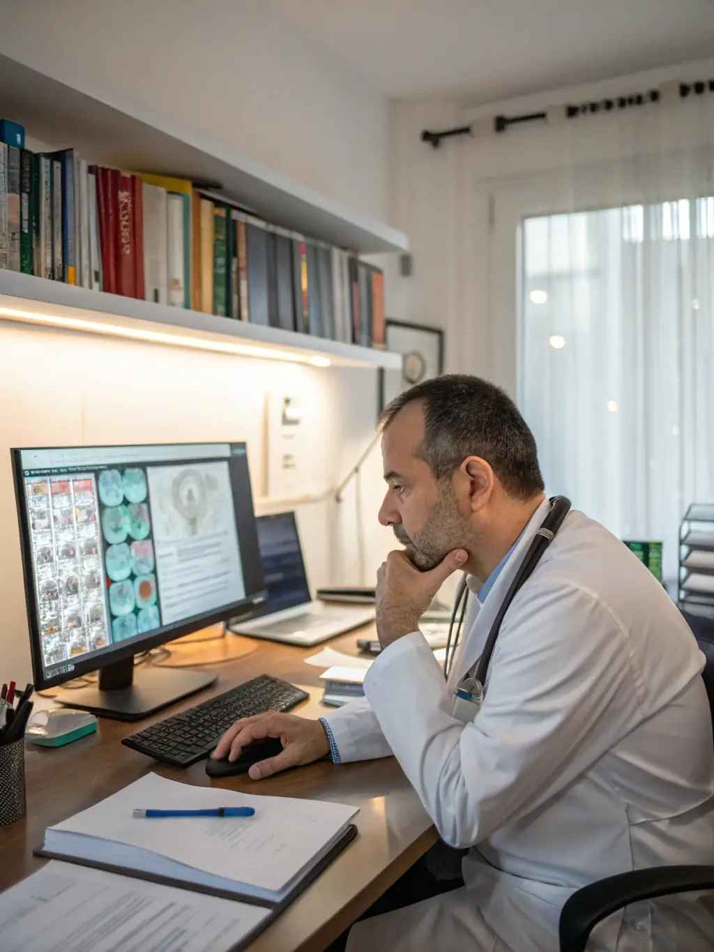 A naturopathic practitioner analyzing a client's biofeedback data in a calm, well-lit office, showcasing the initial assessment process.